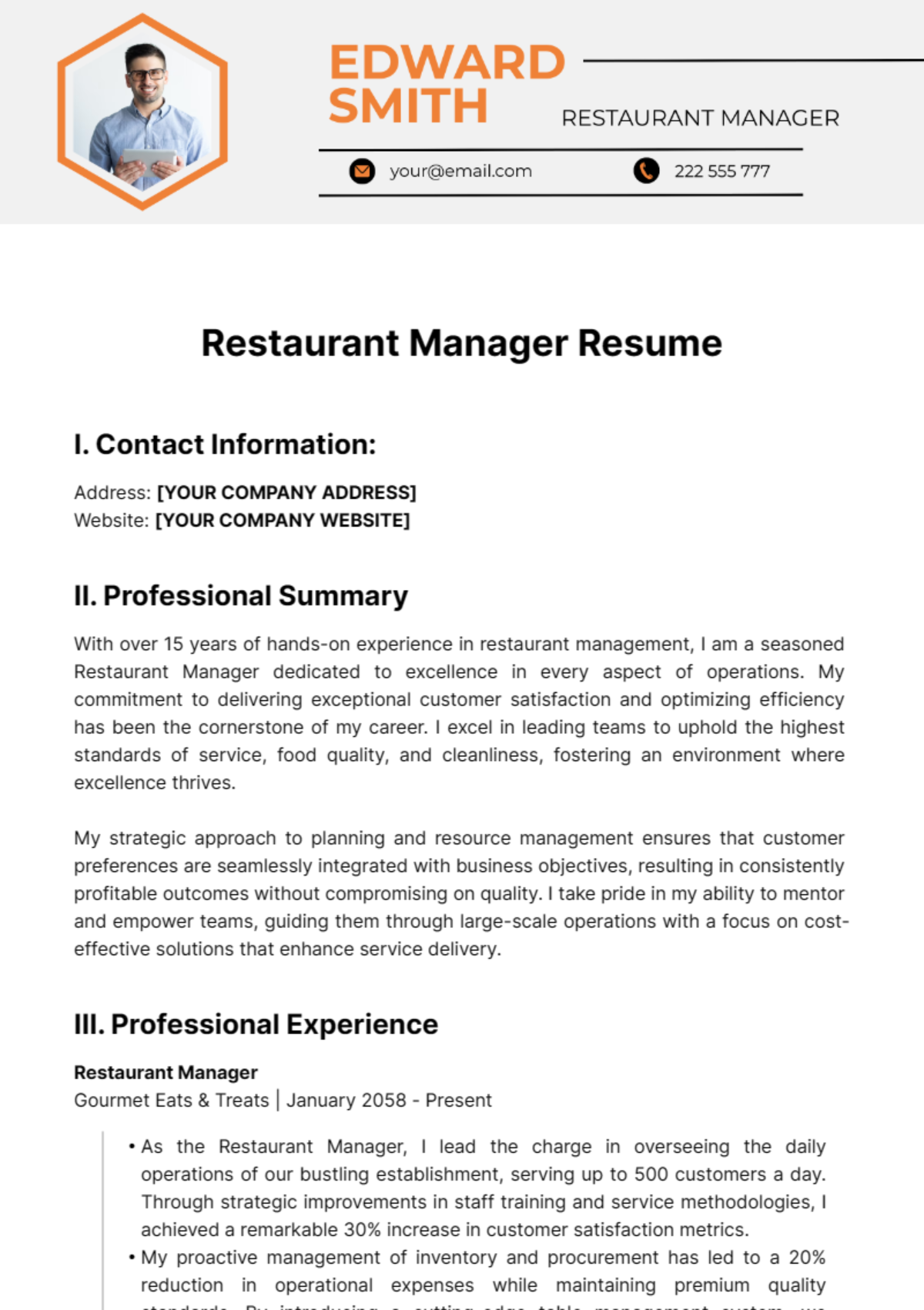 Restaurant Manager Resume Template