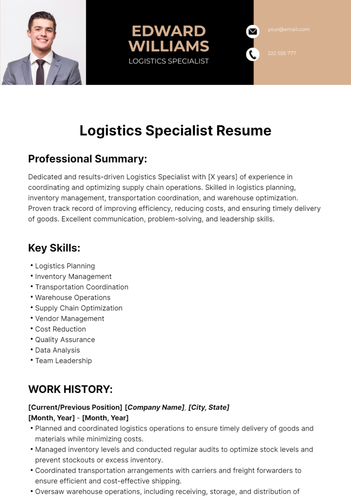 Logistics Specialist Resume Template - Edit Online & Download