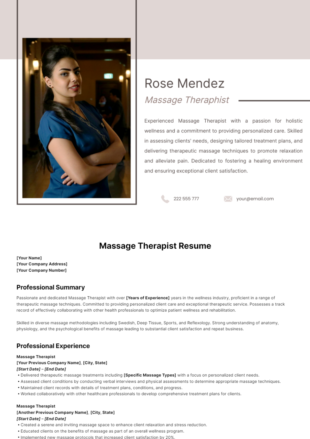 Massage Therapist Resume Template - Edit Online & Download Example ...