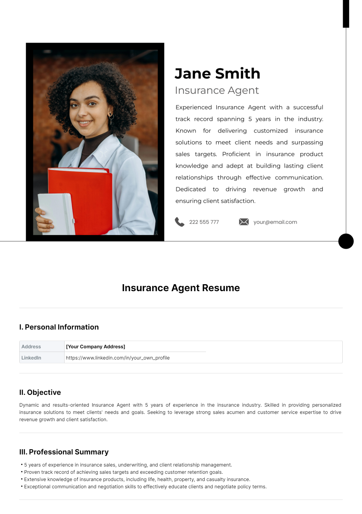 Insurance Agent Resume Template - Edit Online & Download