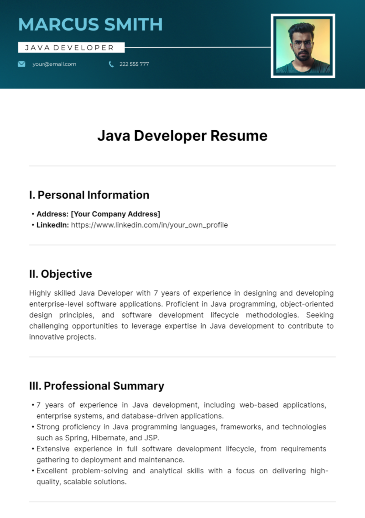 Java Developer Resume Template - Edit Online & Download