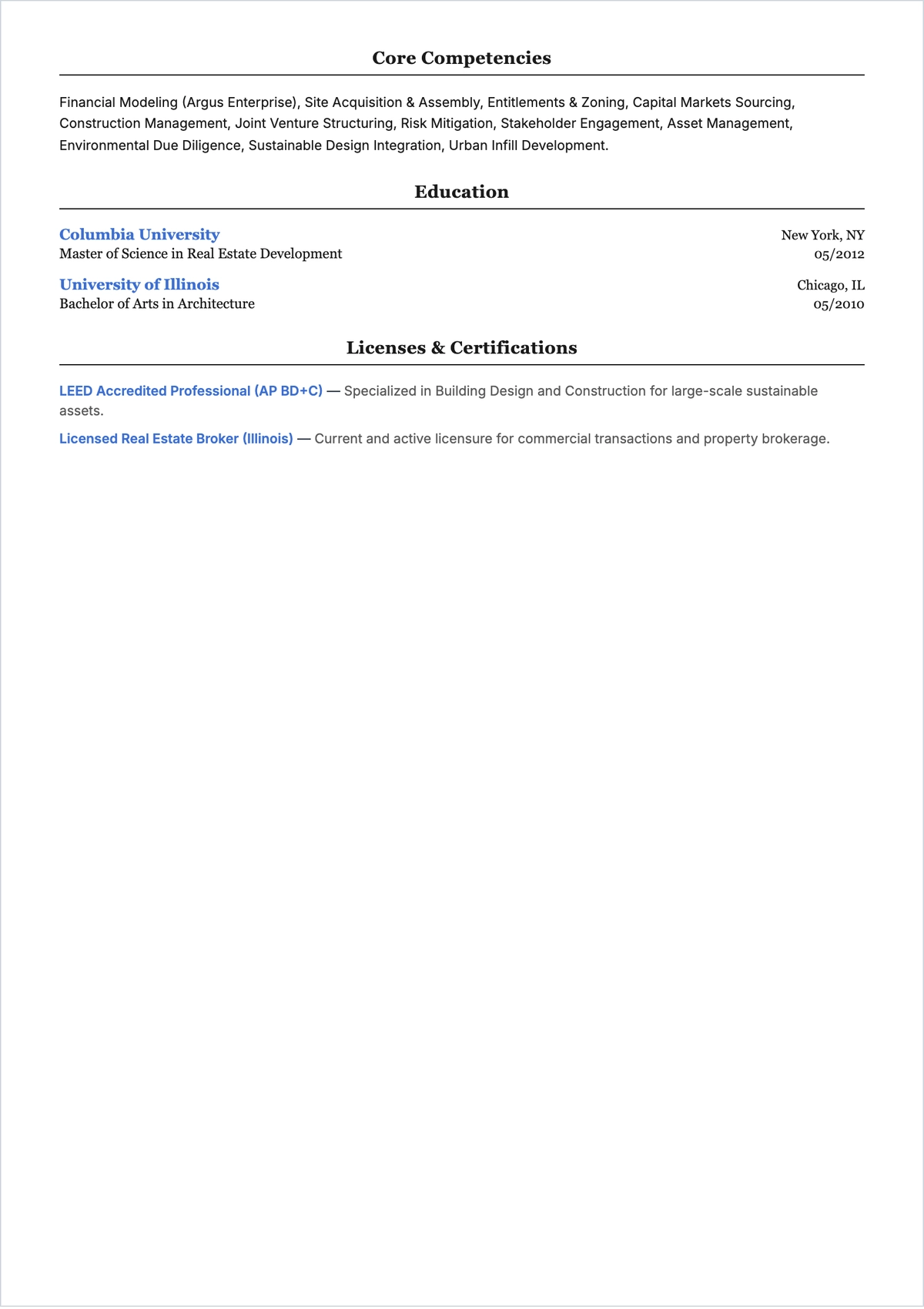 Free Real Estate Developer ATS Resume Template, AI Resume Builder