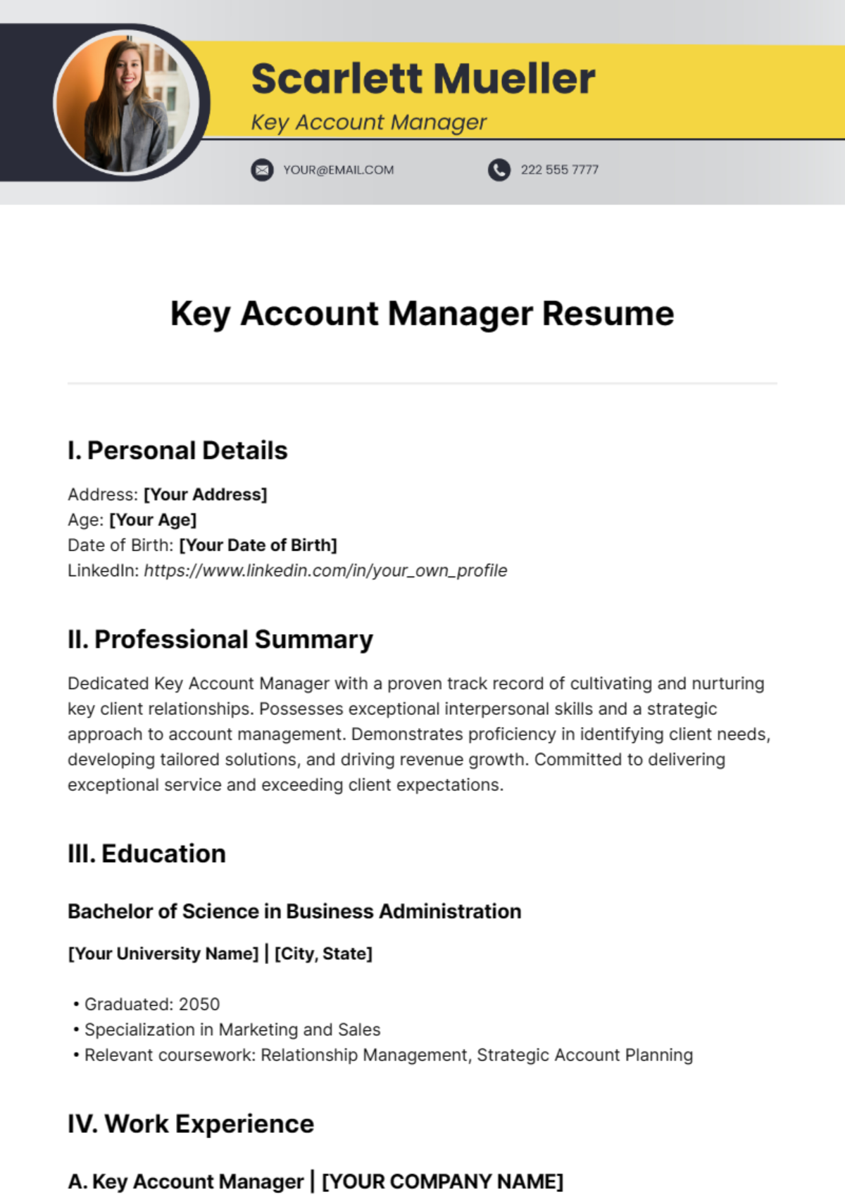 Key Account Manager Resume Template - Edit Online & Download