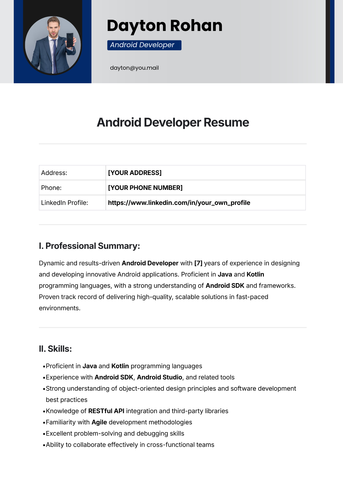 Android Developer Resume Template - Edit Online & Download