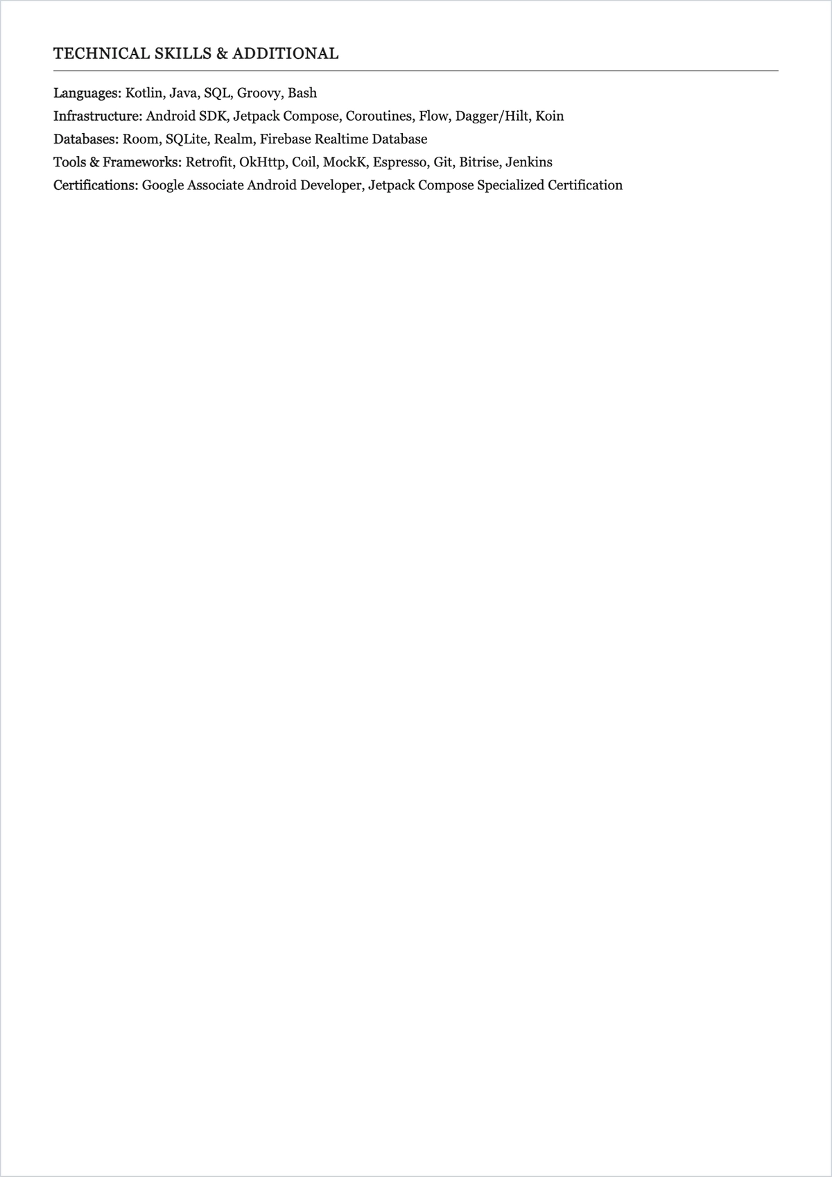 Free Android Developer ATS Resume Template, AI Resume Builder