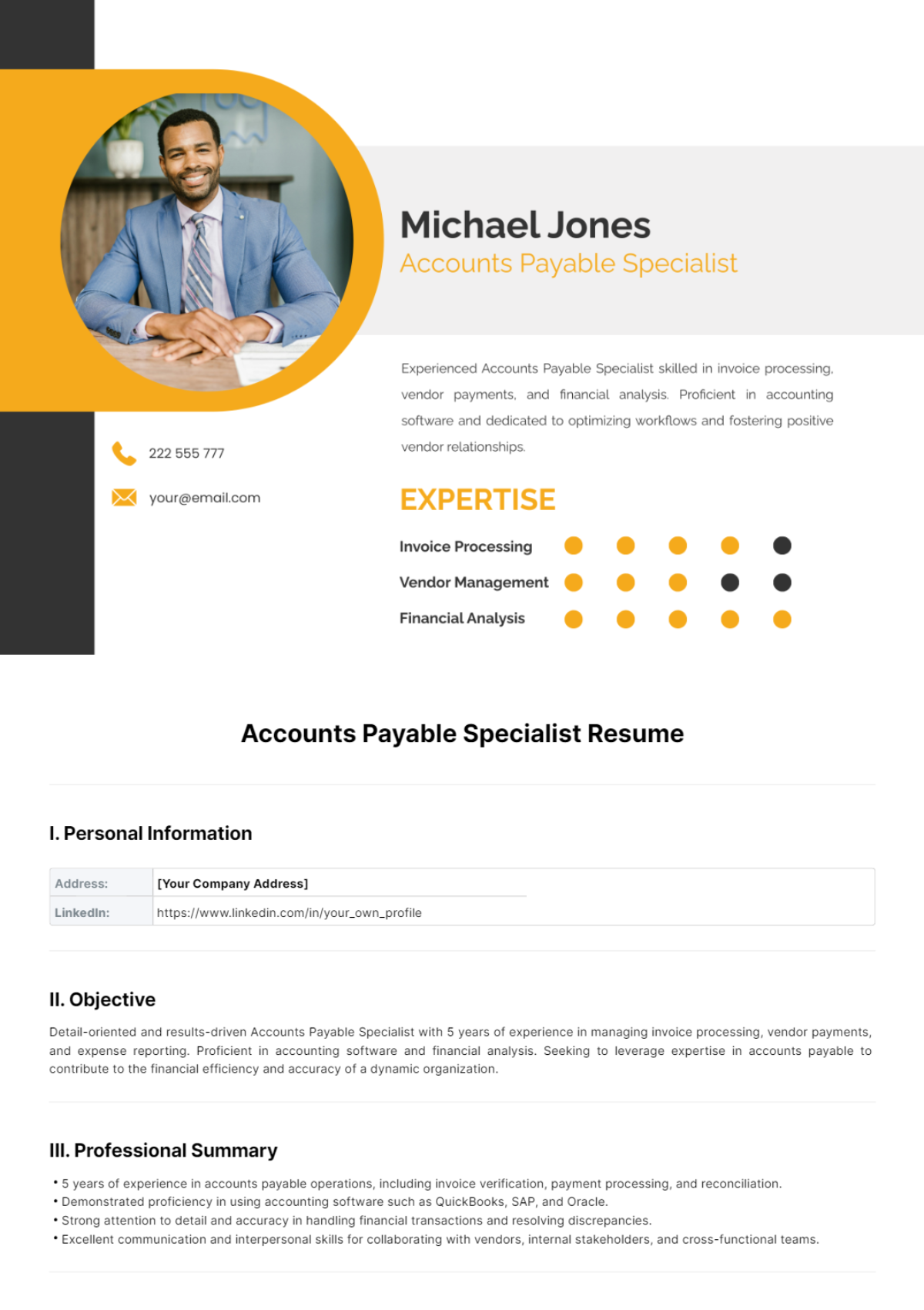 Accounts Payable Specialist Resume Template - Edit Online & Download