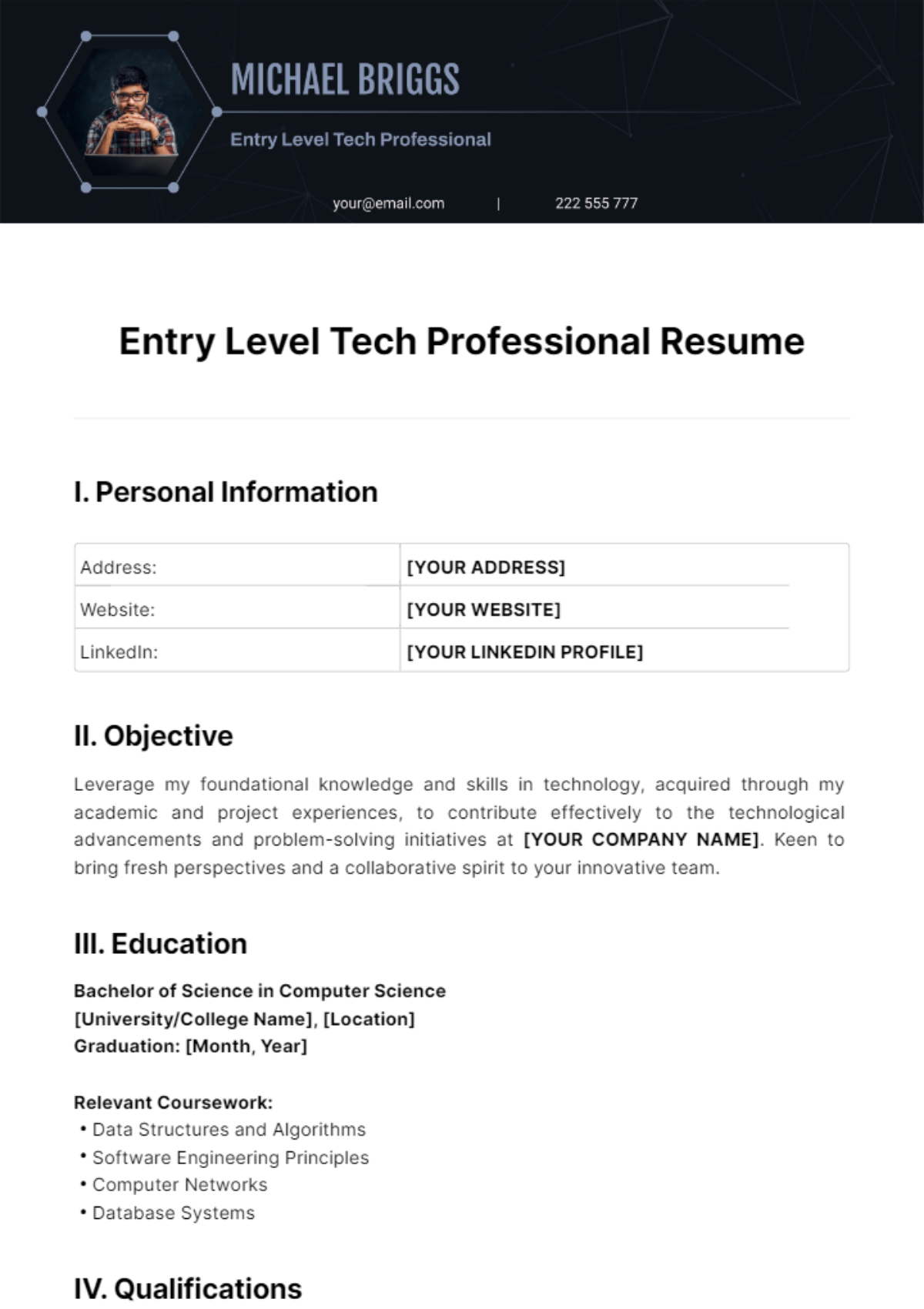 Entry Level Tech Professional Resume Template