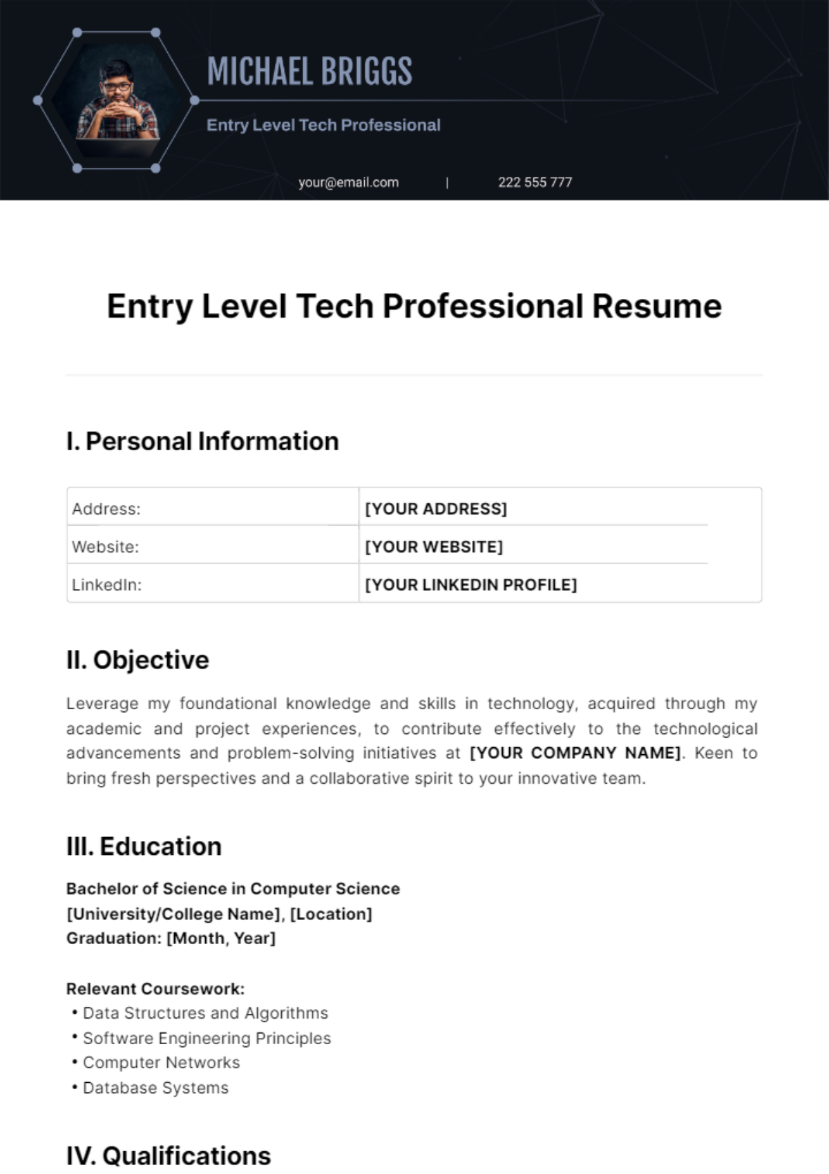 Entry Level Tech Professional Resume Template - Edit Online & Download