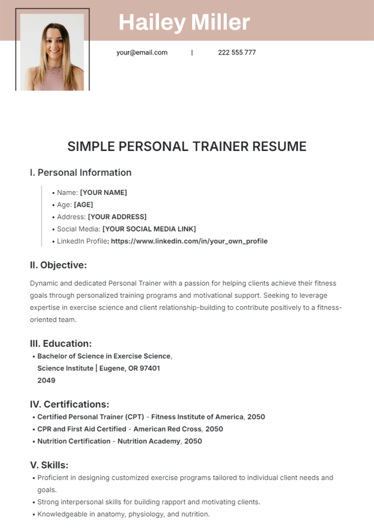 Simple Personal Trainer Resume Template - Edit Online & Download