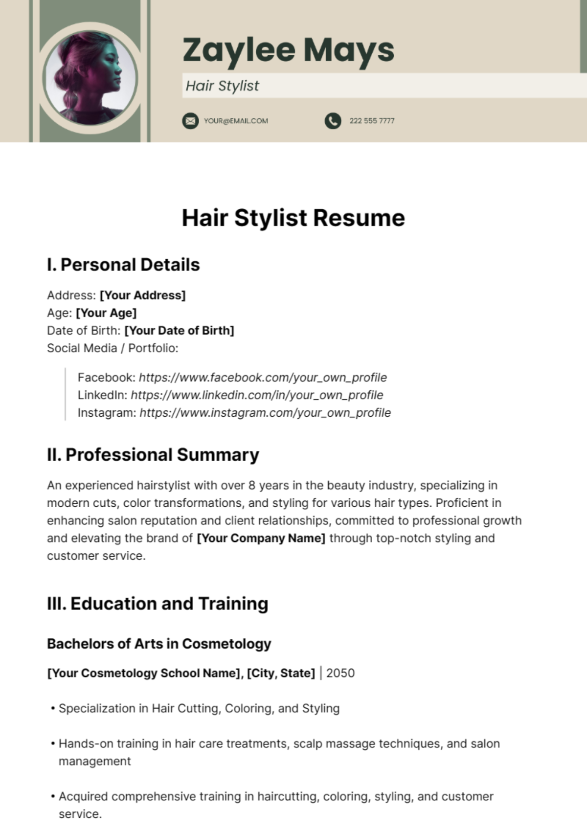 Hair Stylist Resume Template - Edit Online & Download