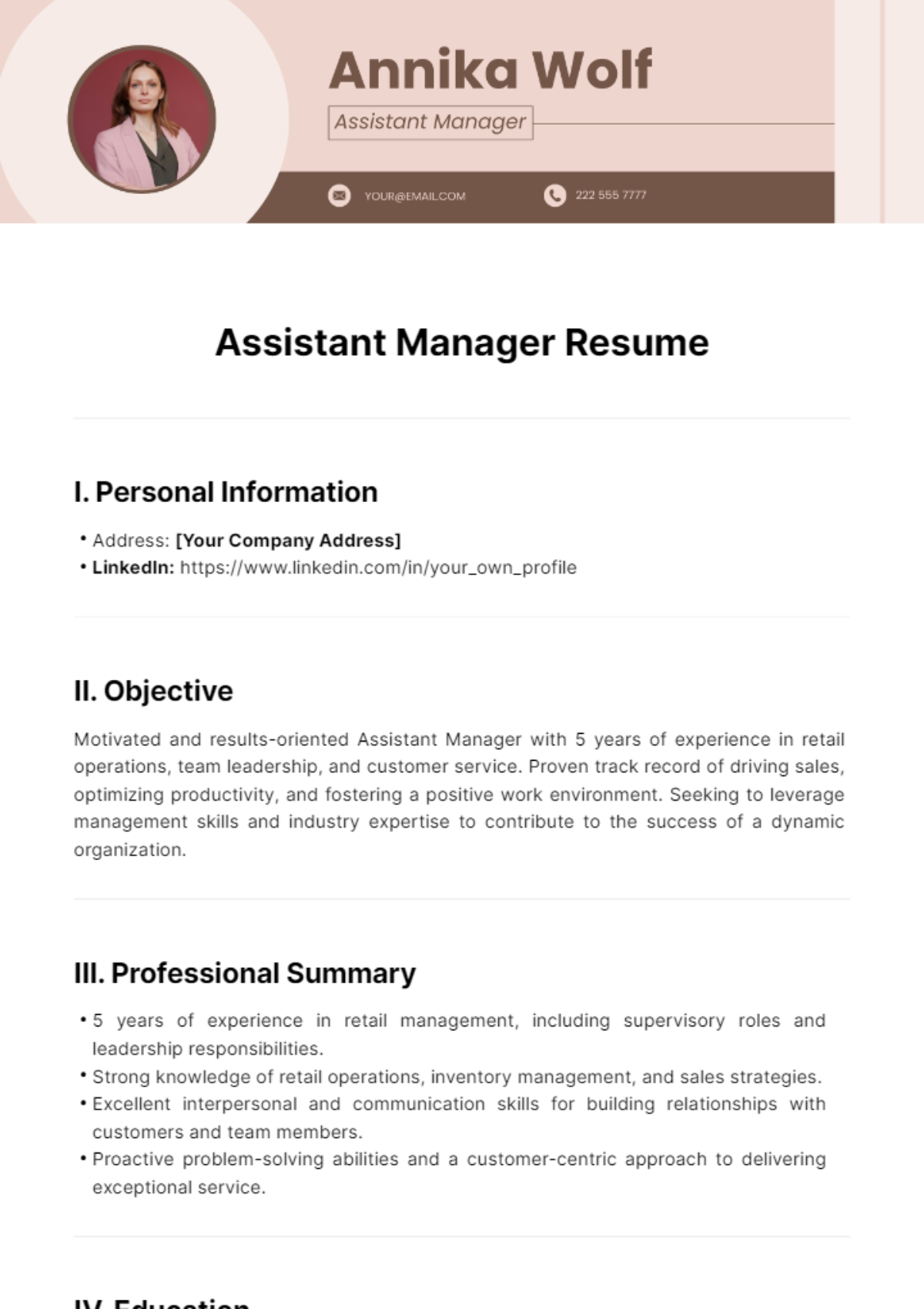 Assistant Manager Resume Template - Edit Online & Download