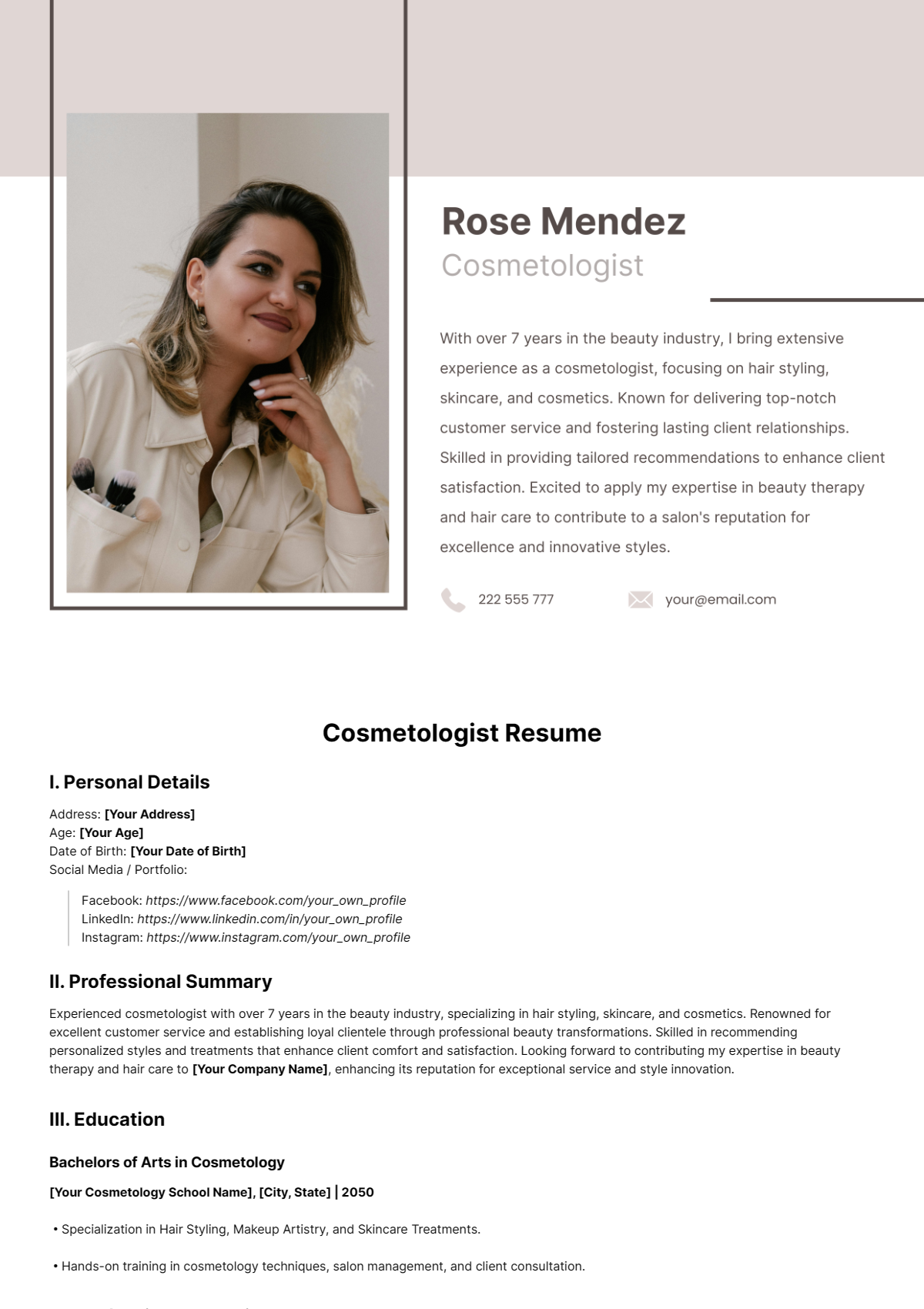 Cosmetologist Resume Template - Edit Online & Download