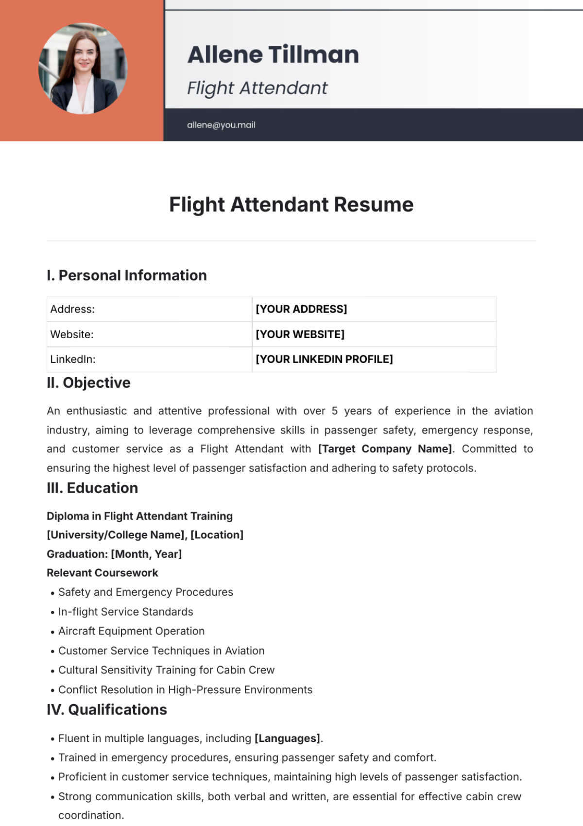 Flight Attendant Resume Template - Edit Online & Download