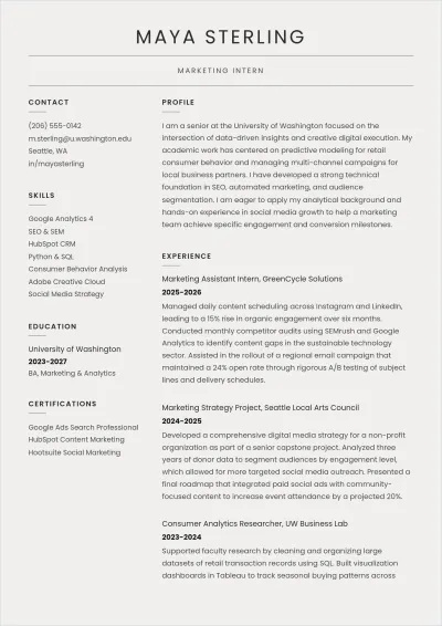 Free Marketing Intern ATS Resume Template, AI Resume Builder