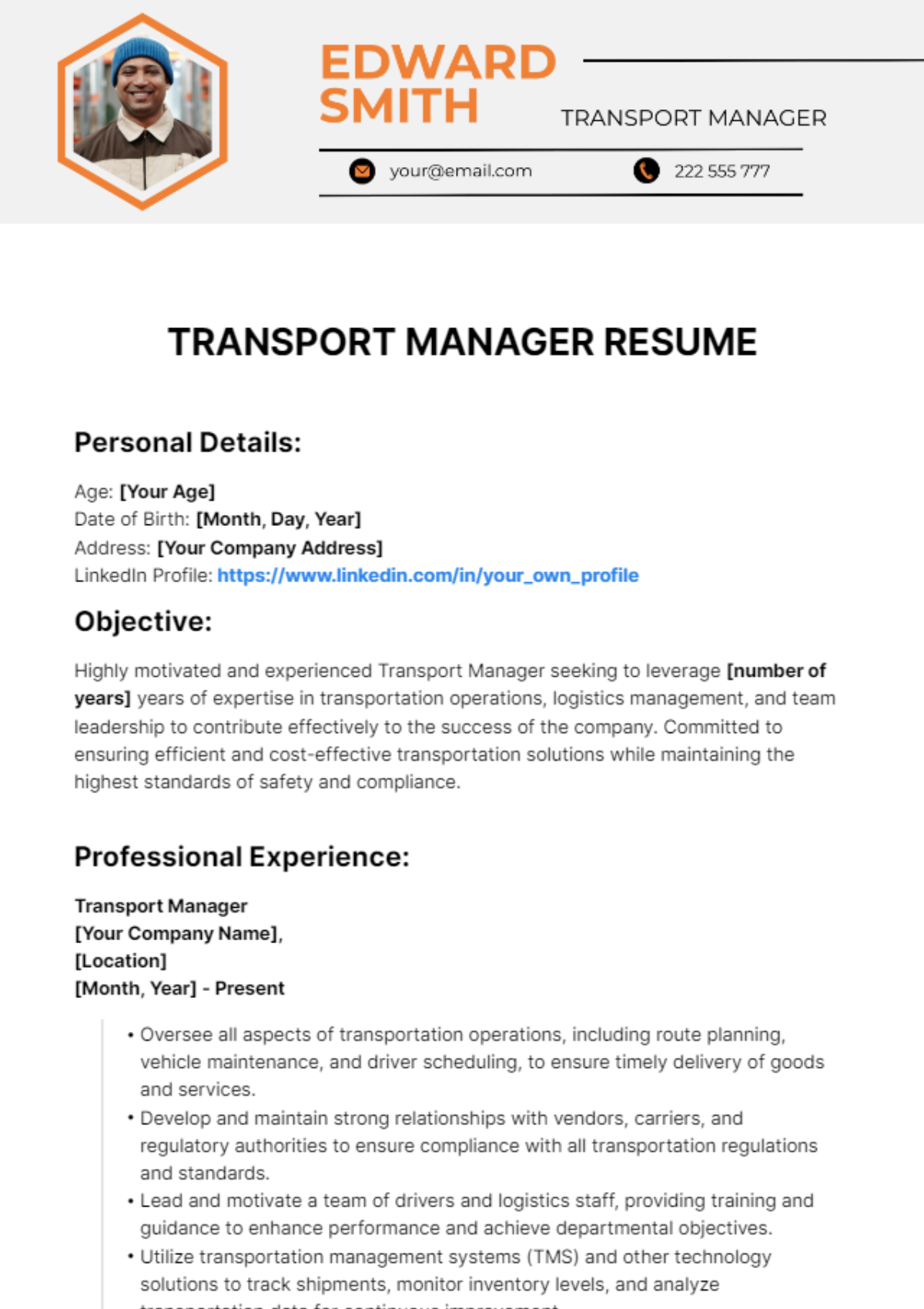 Transport Manager Resume Template  - Edit Online & Download