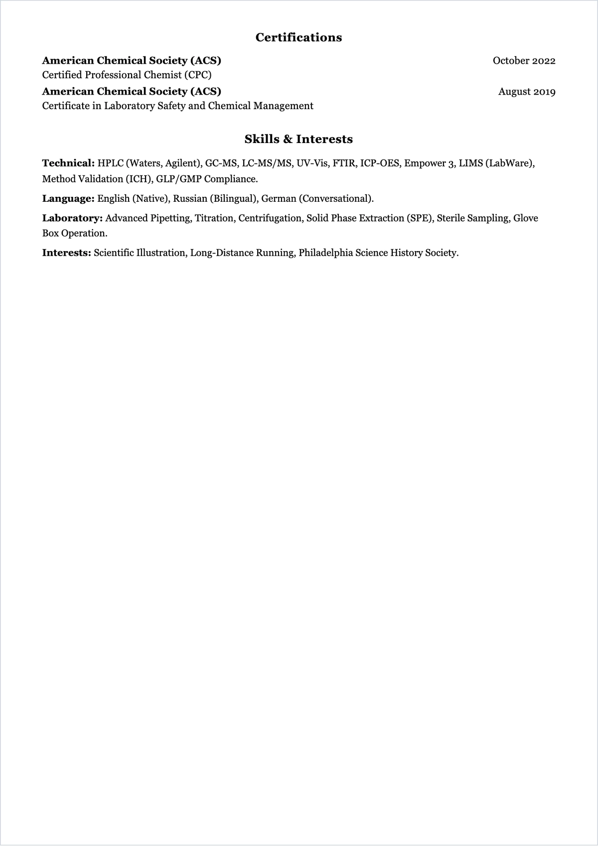 Free Chemist ATS Resume Template, AI Resume Builder