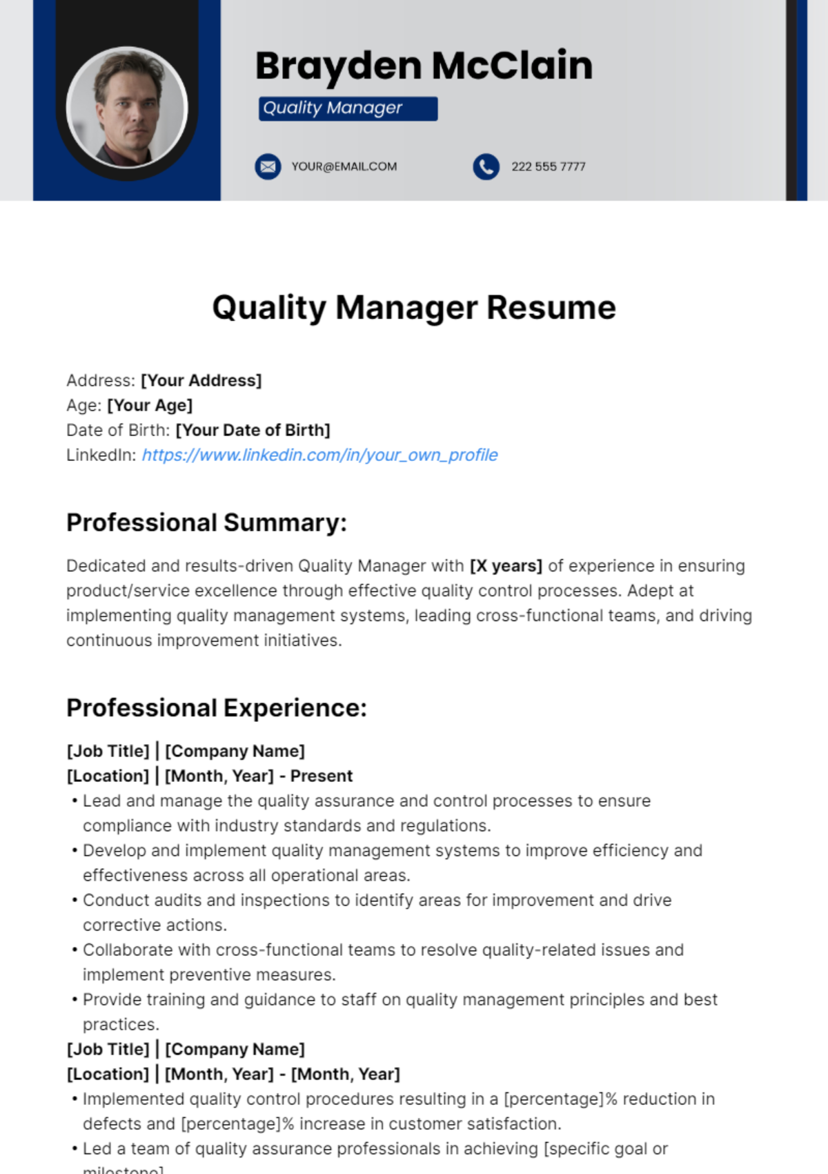 Quality Manager Resume Template - Edit Online & Download