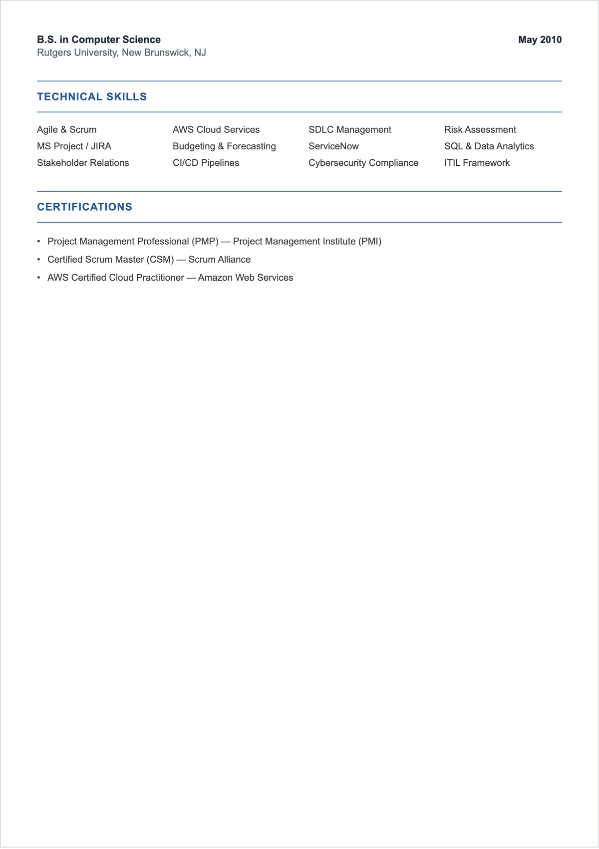 Free IT Project Manager ATS Resume Template, AI Resume Builder