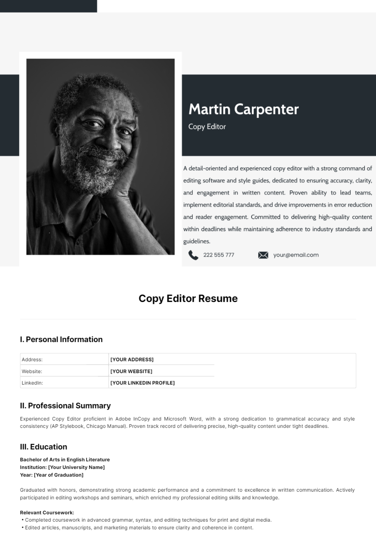 Free Copy Editor Resume Template - Edit Online & Download | Template.net