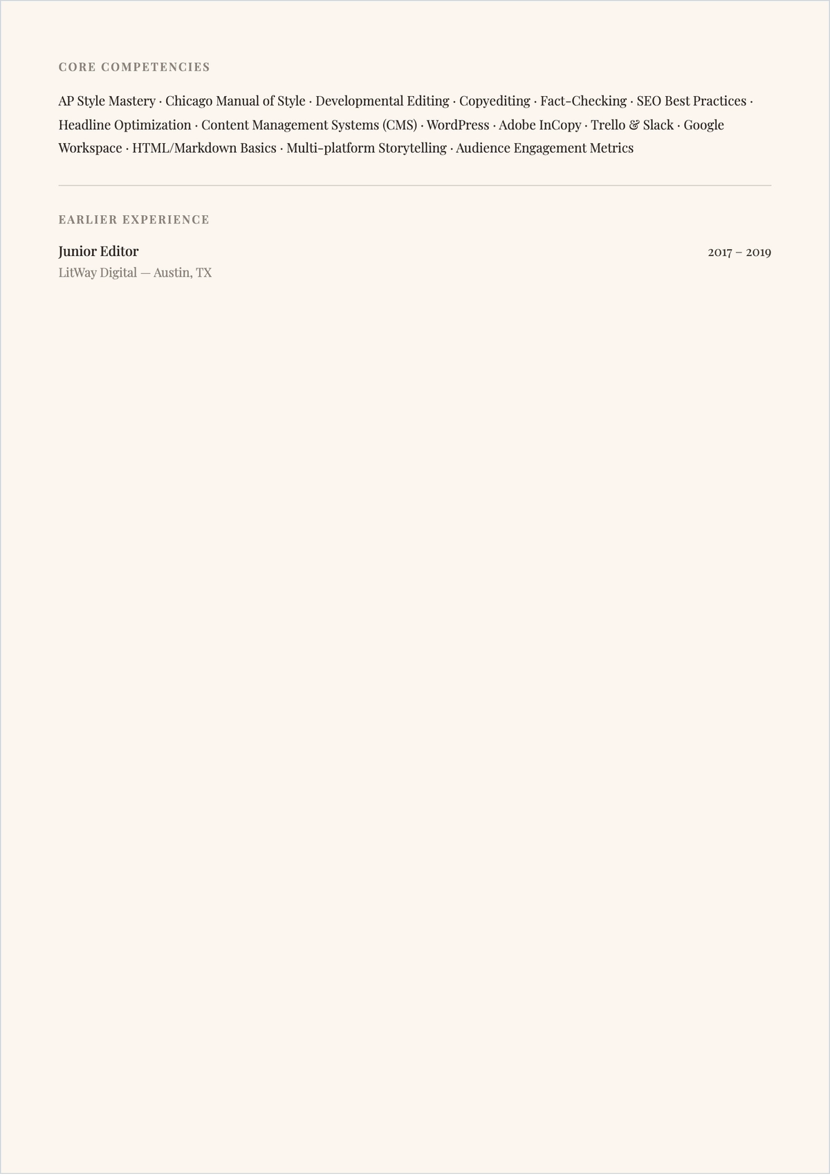 Free Simple Copy Editor ATS Resume Template, AI Resume Builder