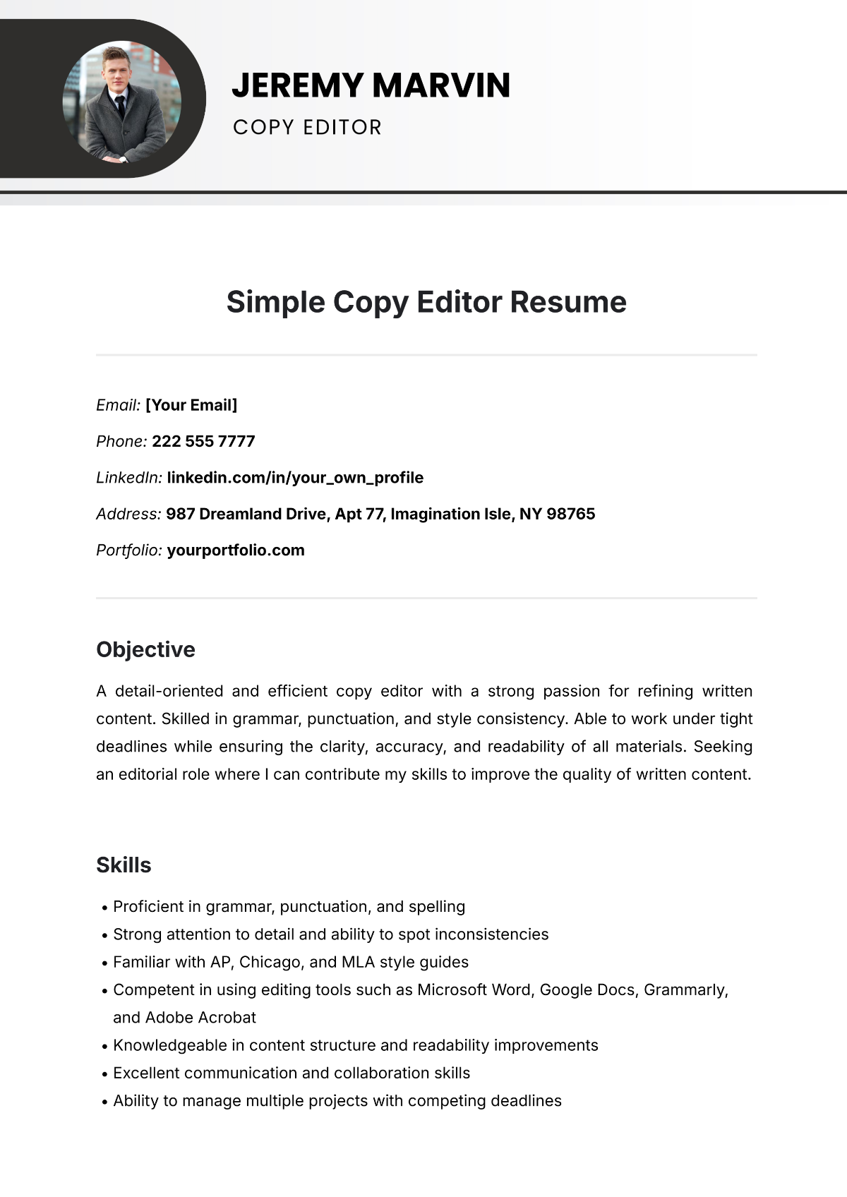 Simple Copy Editor Resume Template - Edit Online & Download