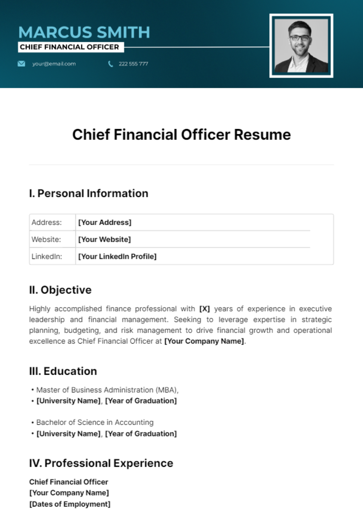 Chief Financial Officer Resume Template