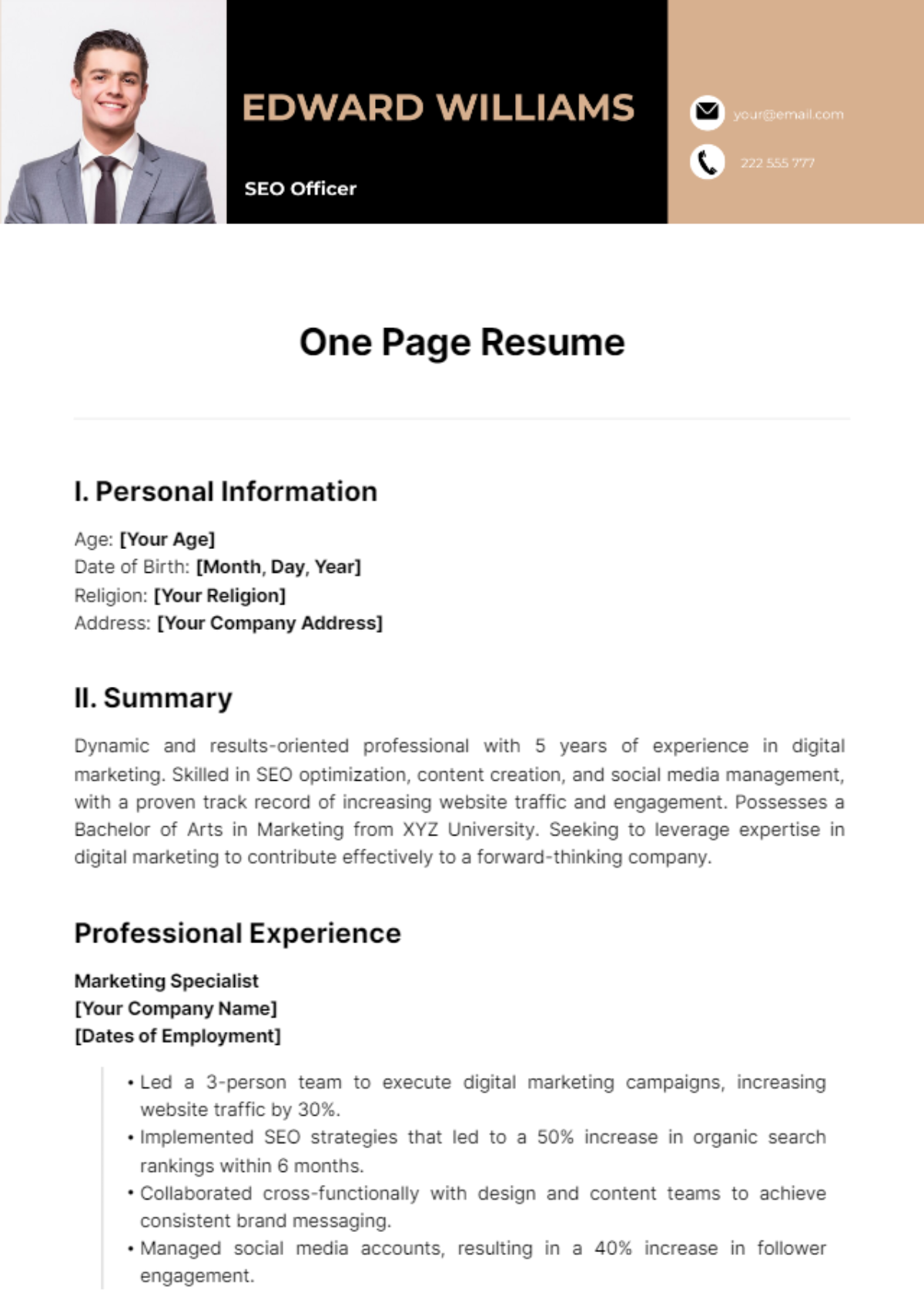 One Page Resume Template