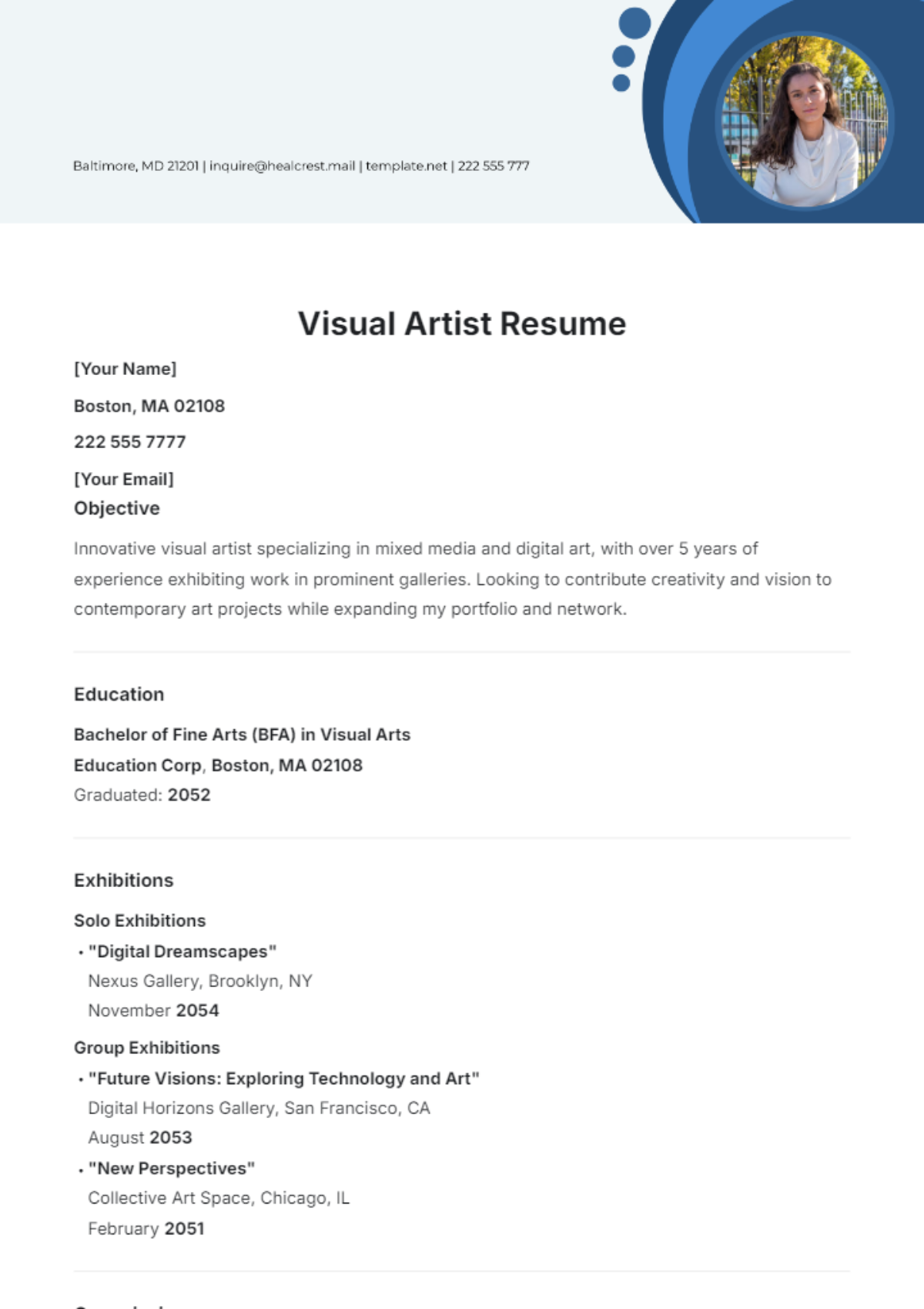 Visual Artist Resume Template - Edit Online & Download