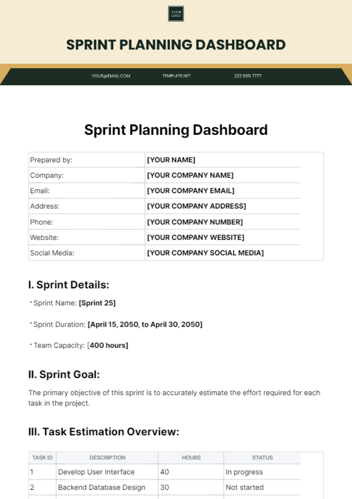 Free Sprint Planning Dashboard Template to Edit Online