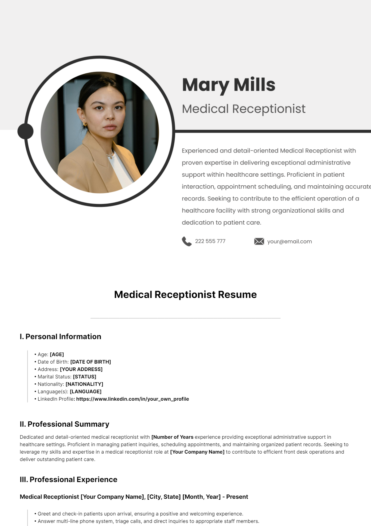 Medical Receptionist Resume Template - Edit Online & Download