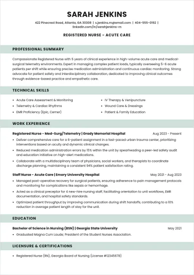 Free Medical Personnel Nurse ATS Resume Template, AI Resume Builder