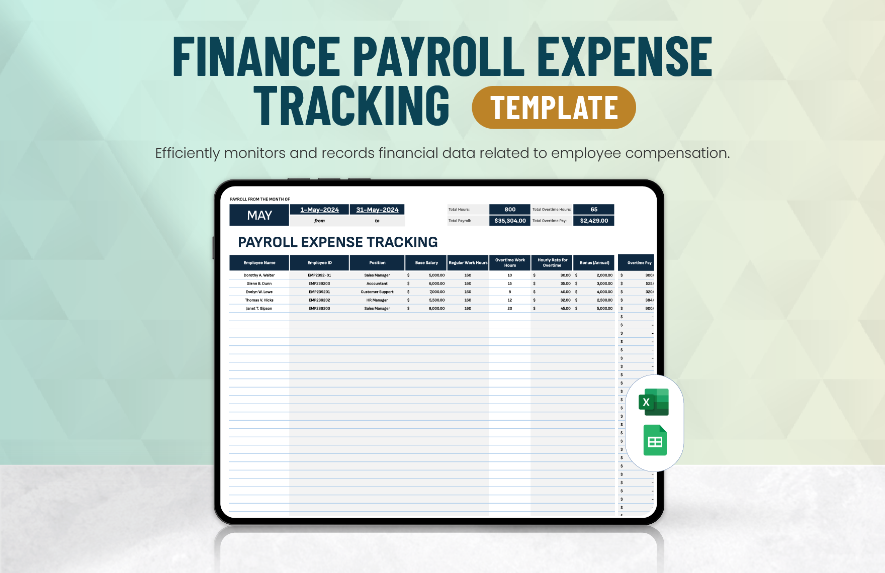 Finance Payroll Expense Tracking Template in Excel, Google Sheets