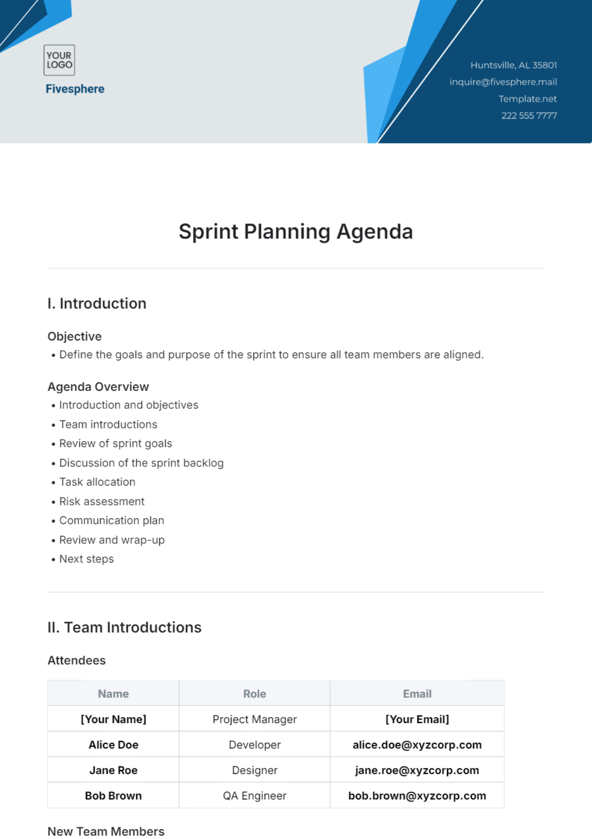 Sprint Planning Agenda Template