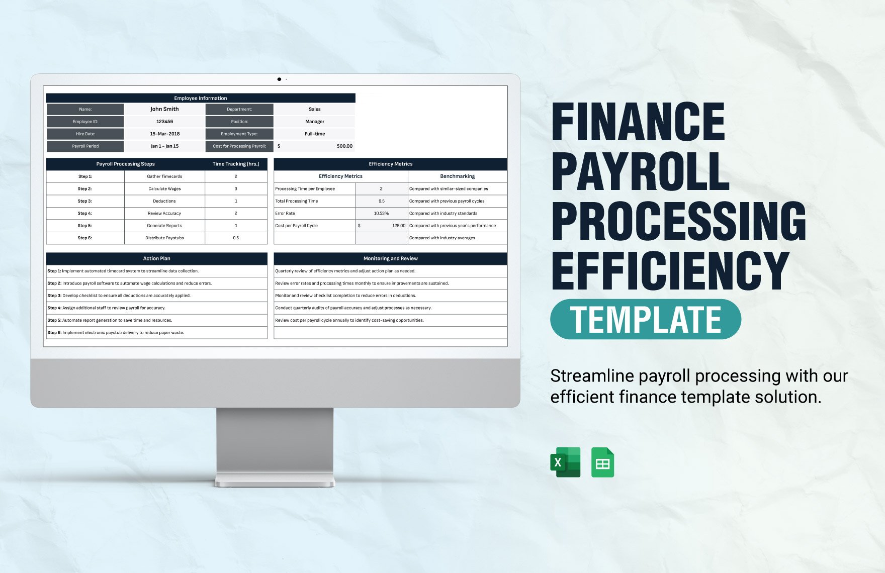 Finance Payroll Processing Efficiency Template in Excel, Google Sheets