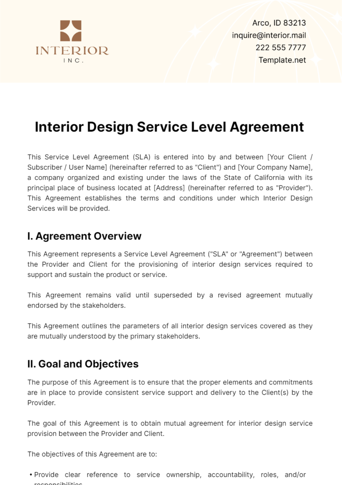 Interior Design Service Level Agreement Template