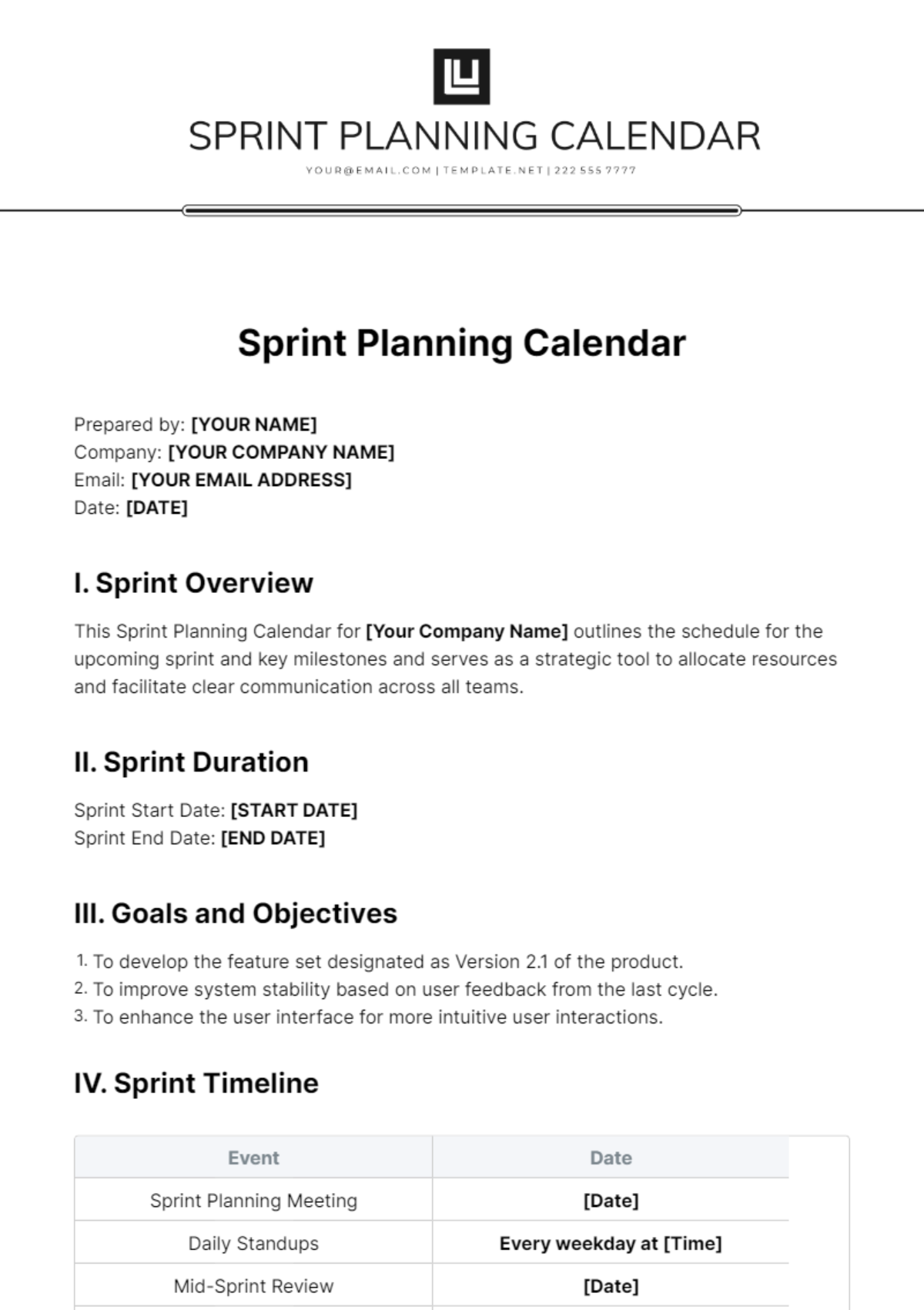 Sprint Planning Calendar Template - Edit Online & Download