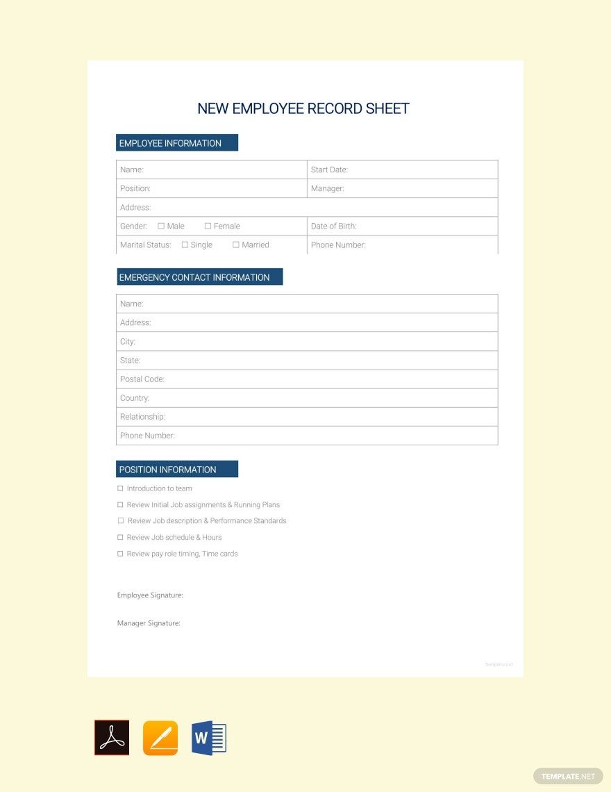 New Employee Record Sheet Template