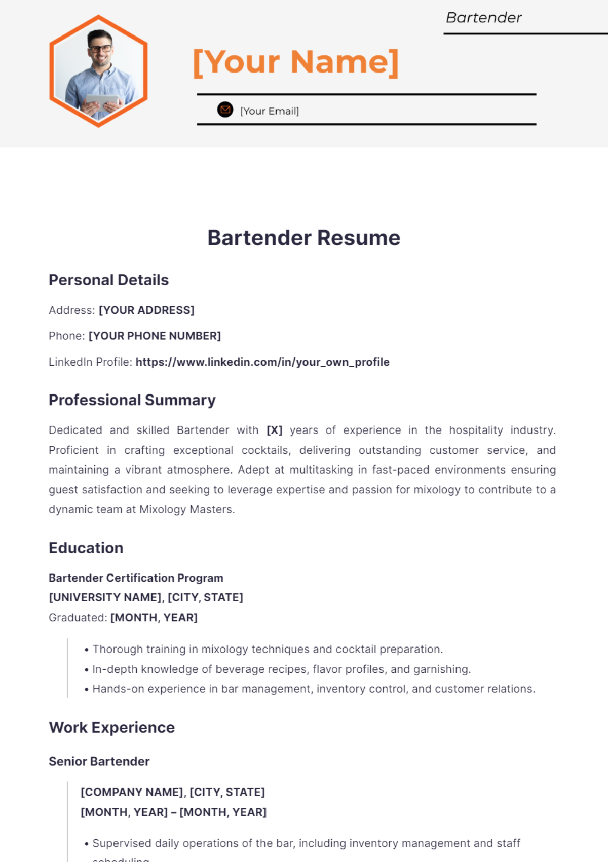 Bartender Resume Template - Edit Online & Download