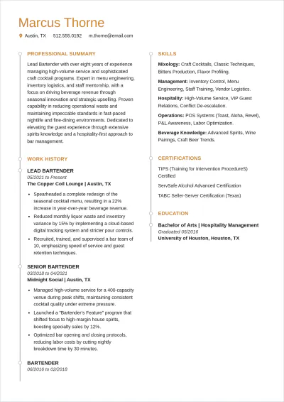 Free Bartender ATS Resume Template, AI Resume Builder
