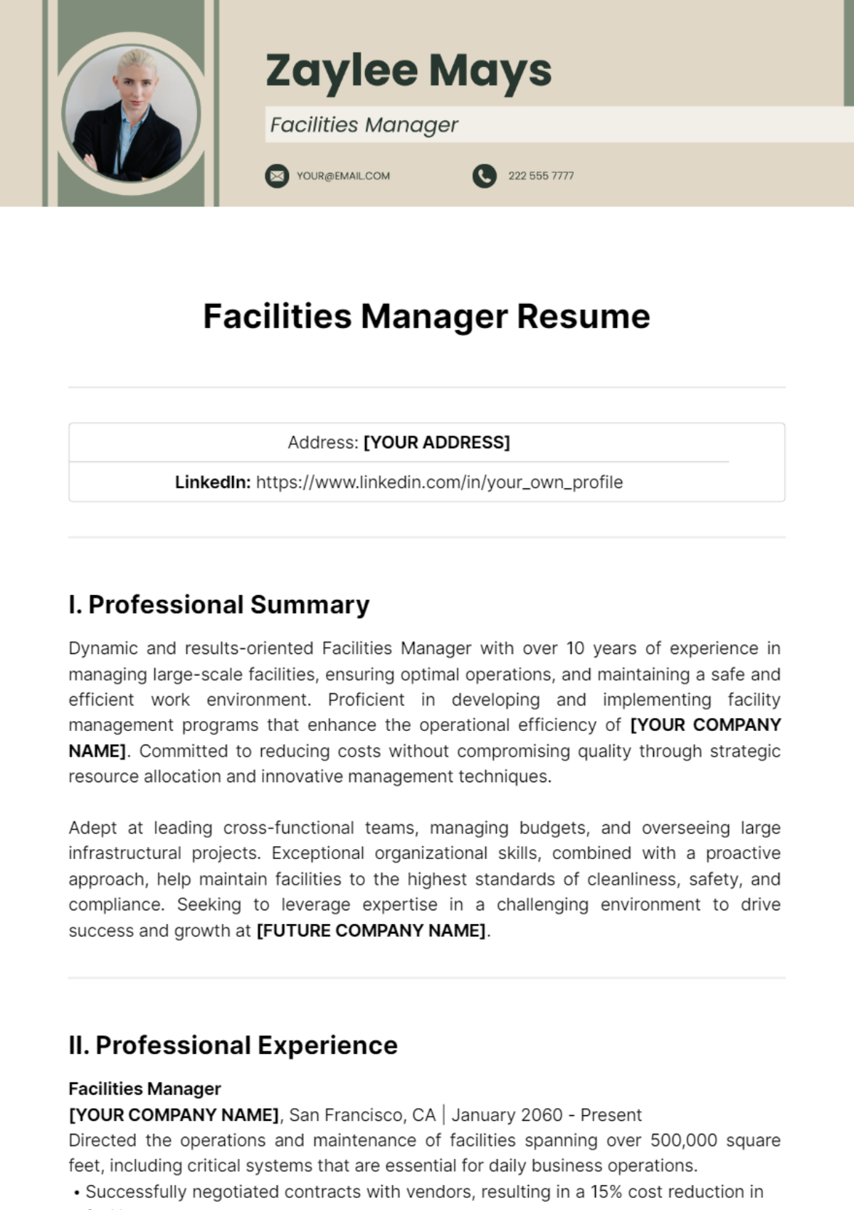 Facilities Manager Resume Template