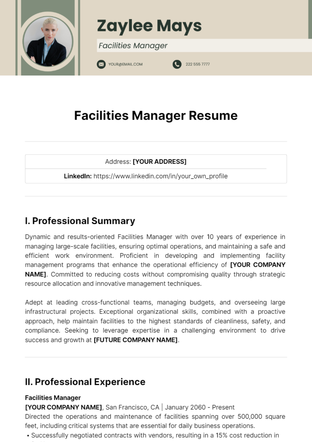 Facilities Manager Resume Template - Edit Online & Download