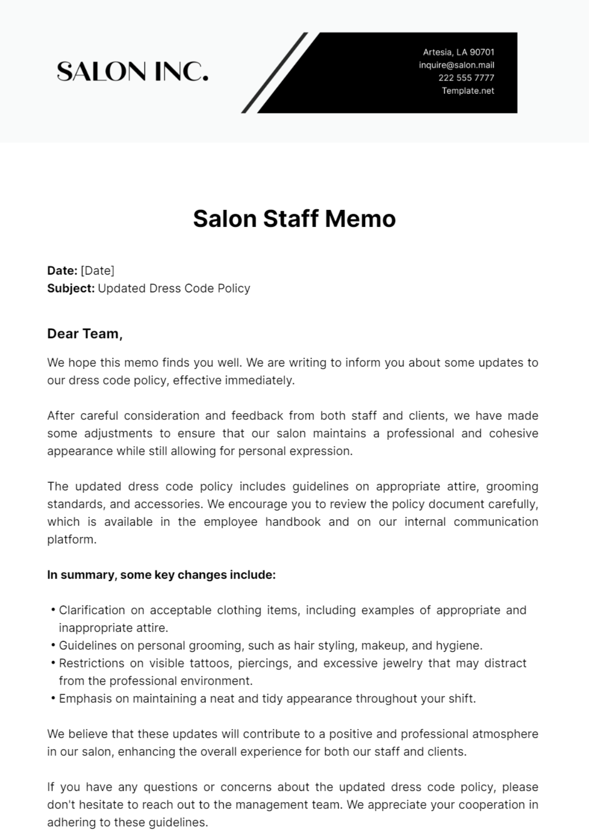 Salon Staff Memo Template