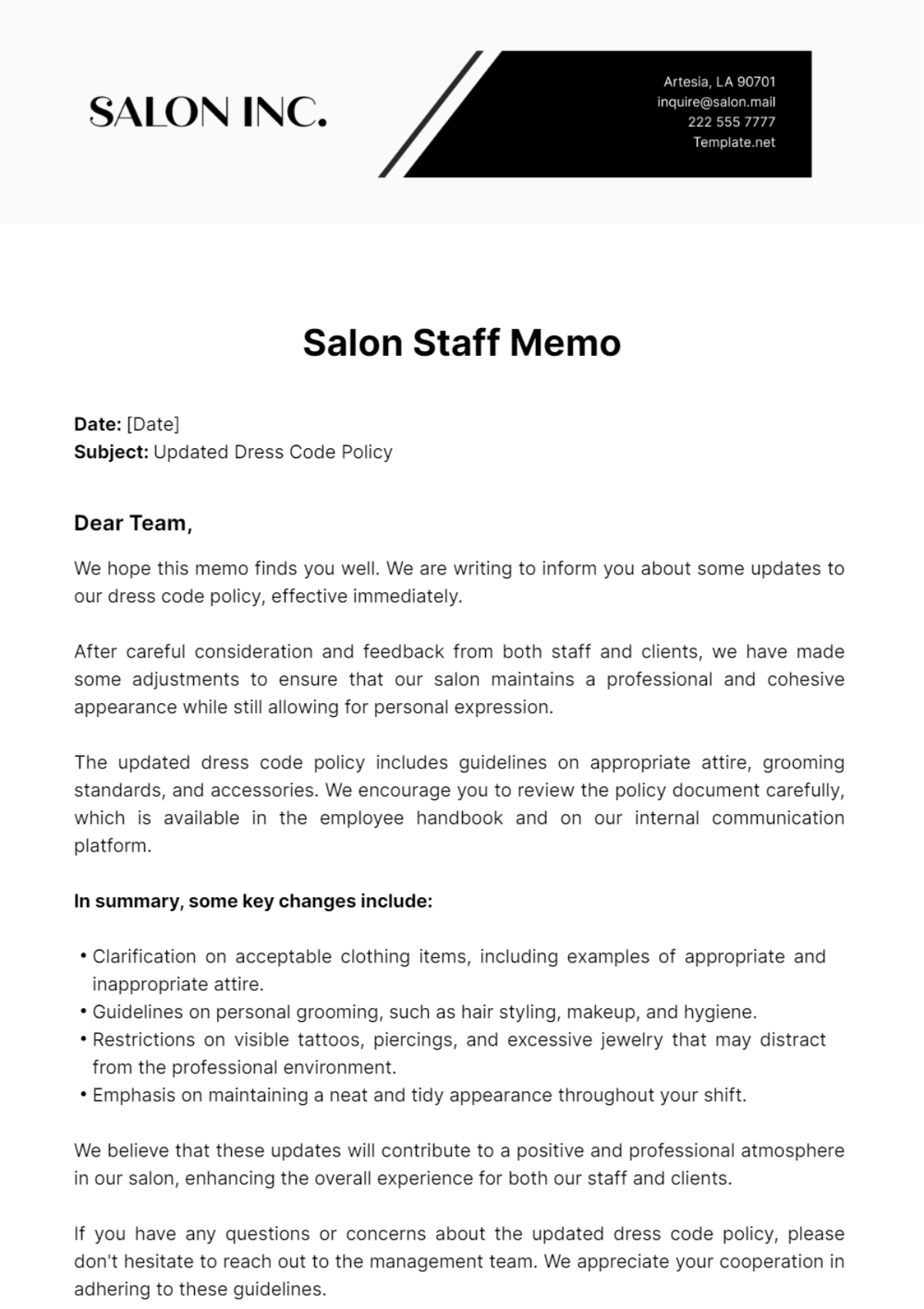 Salon Staff Memo Template - Edit Online & Download