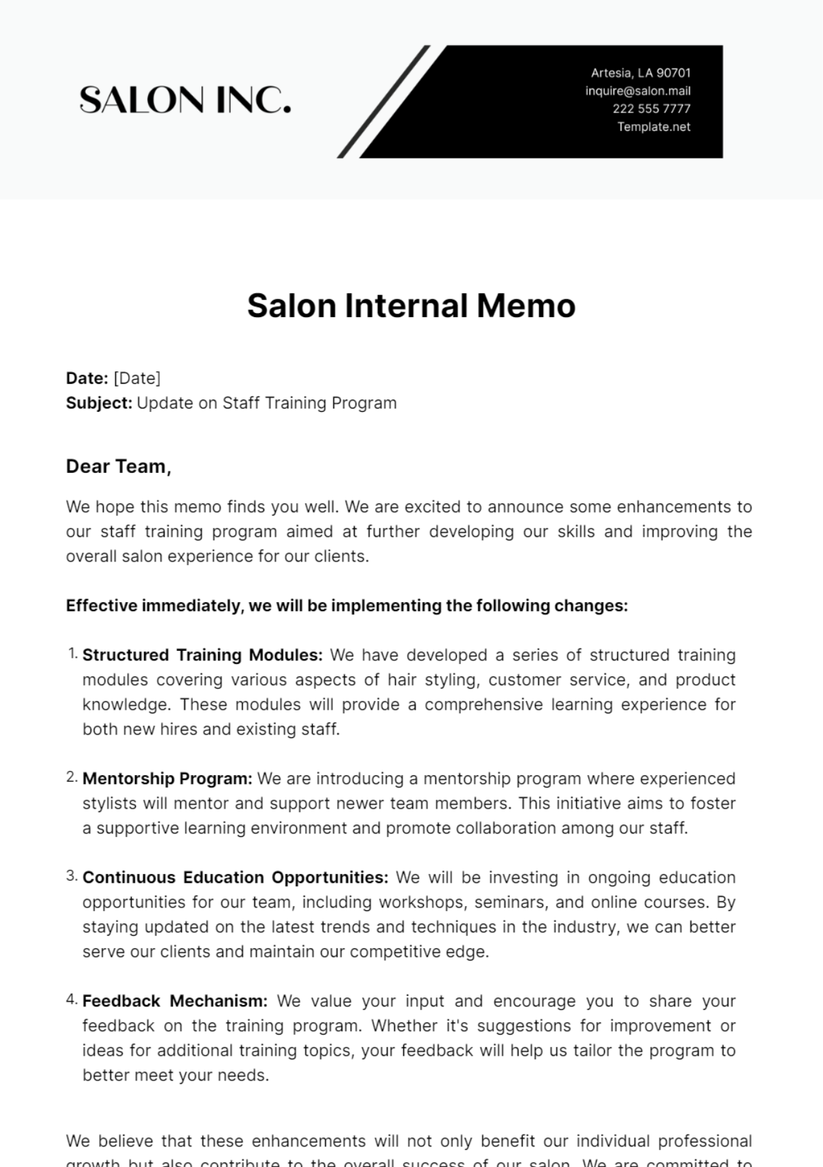 Salon Internal Memo Template