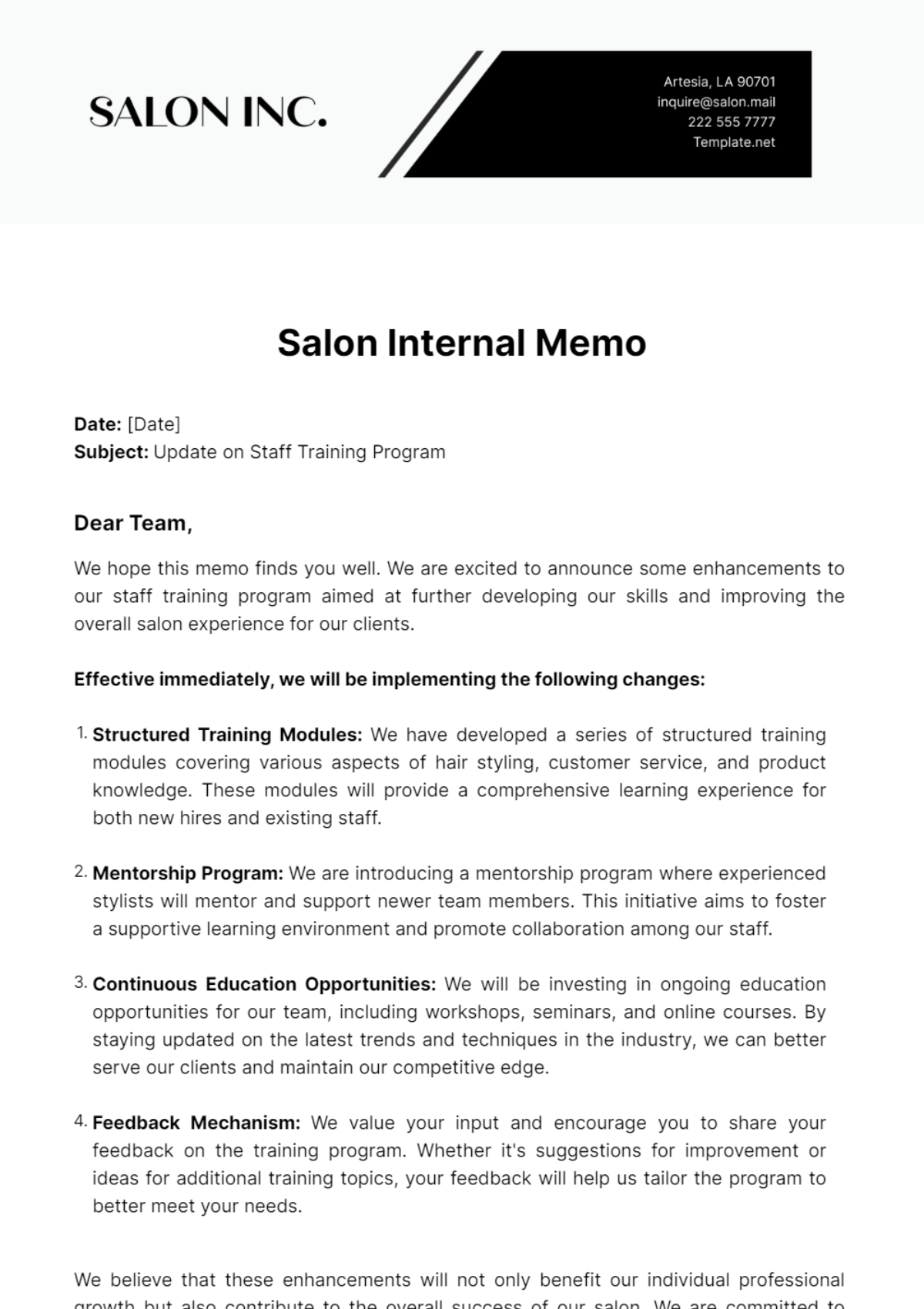 Salon Internal Memo Template - Edit Online & Download