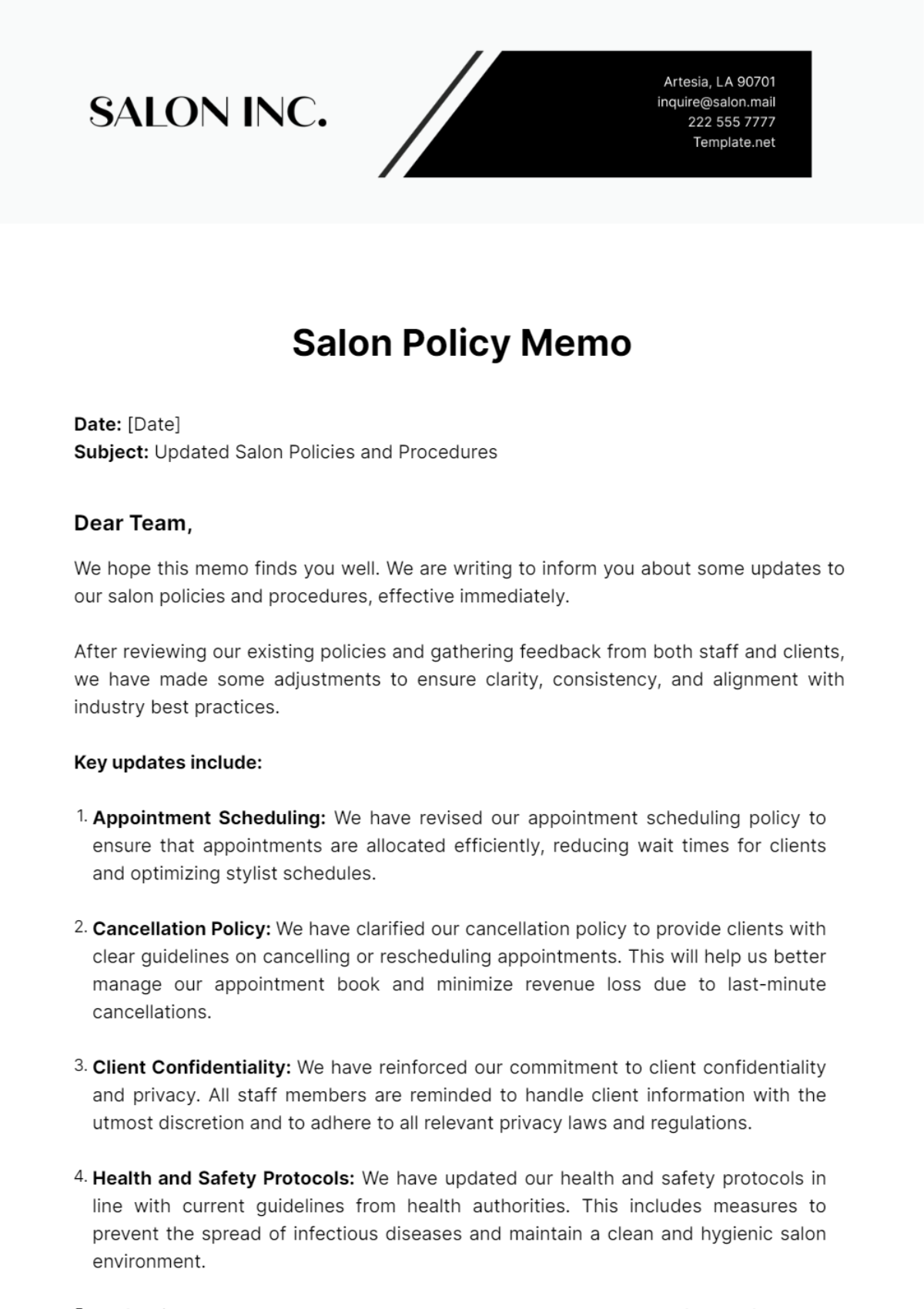 Salon Policy Memo Template