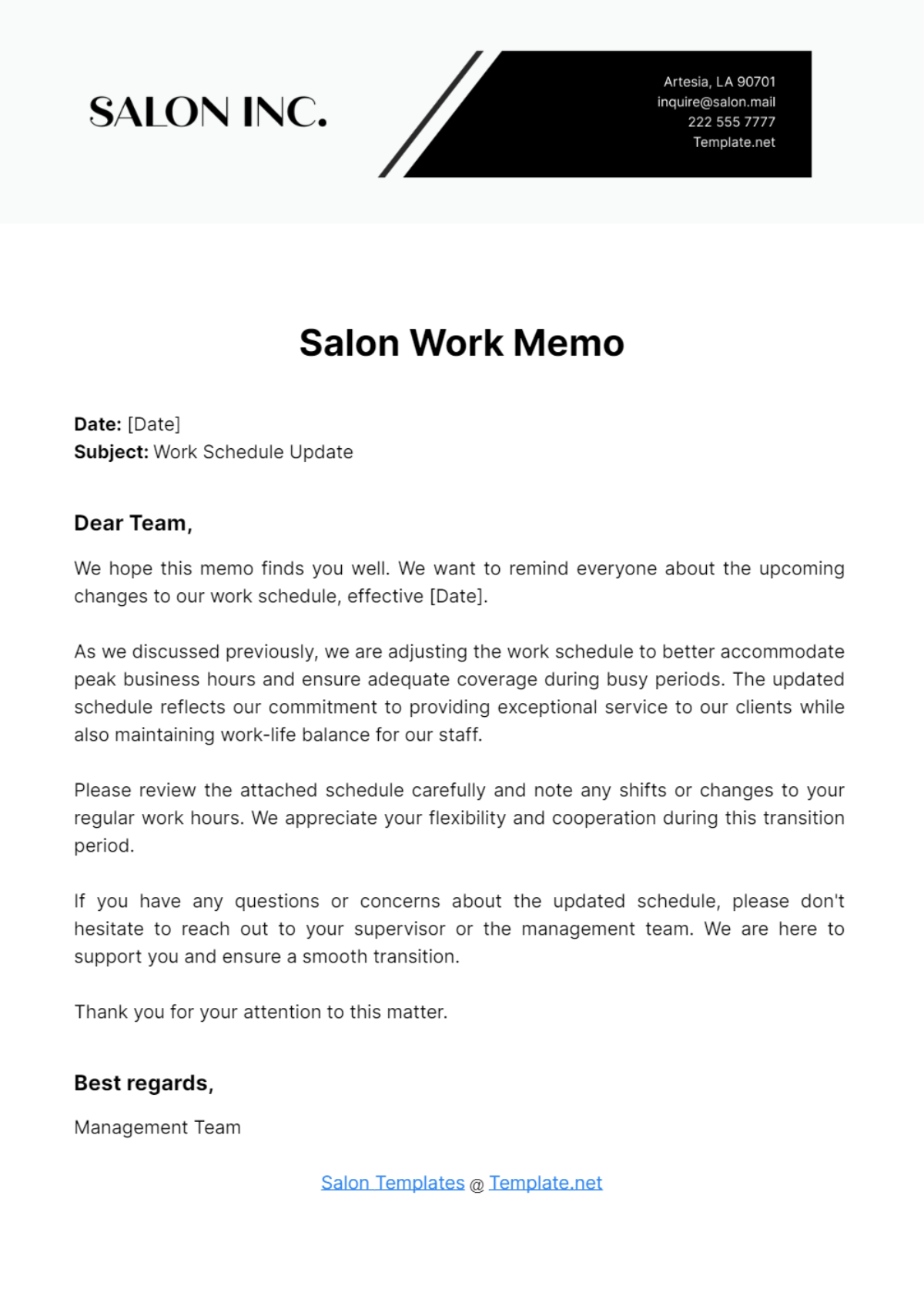 Salon Work Memo Template