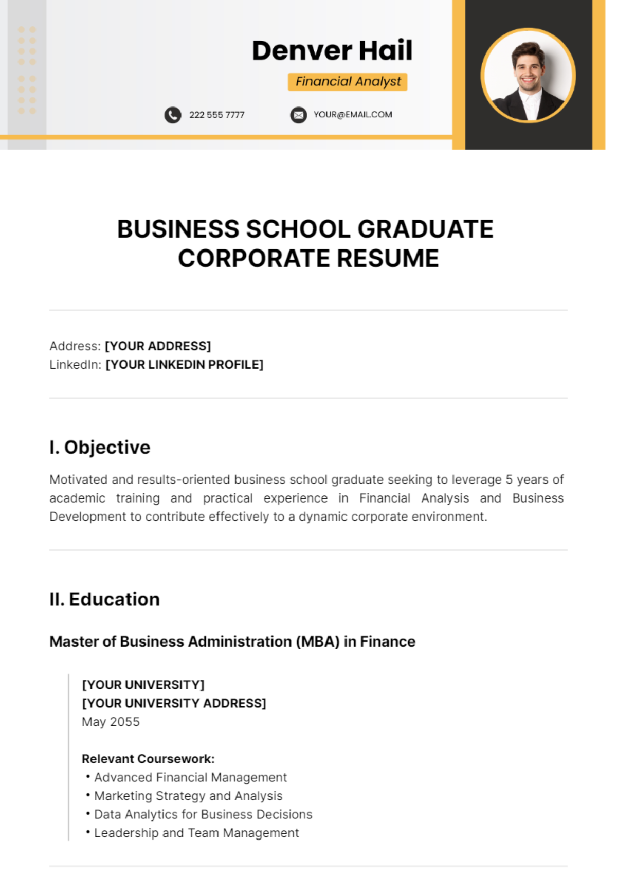 Business School Graduate Corporate Resume Template