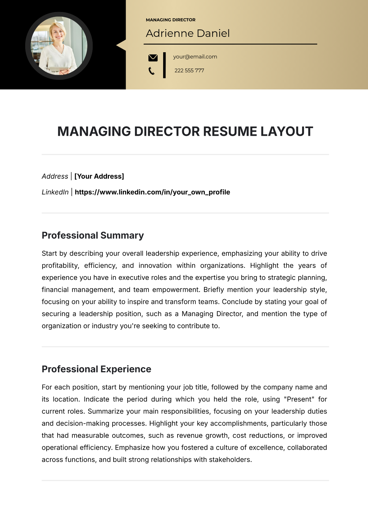 Managing Director Resume Layout Template - Edit Online & Download