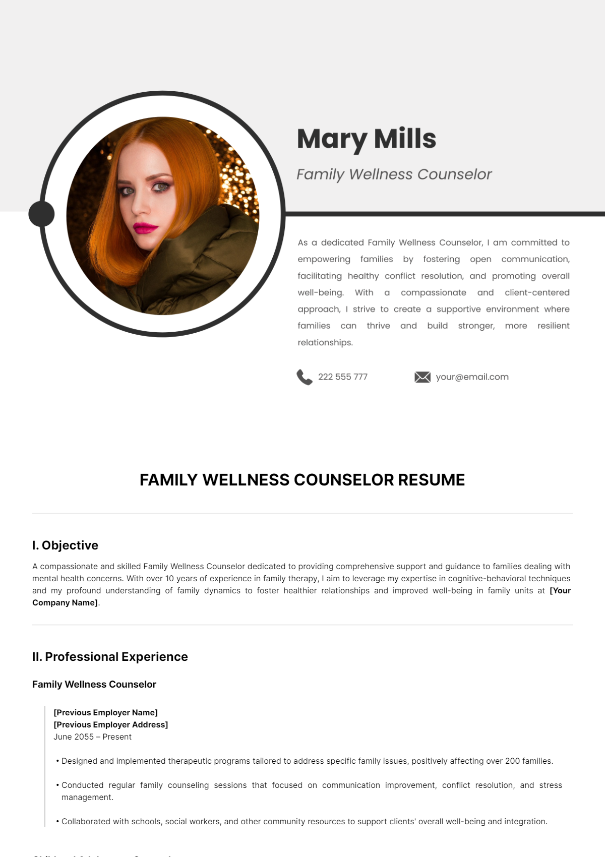 Family Wellness Counselor Resume Template